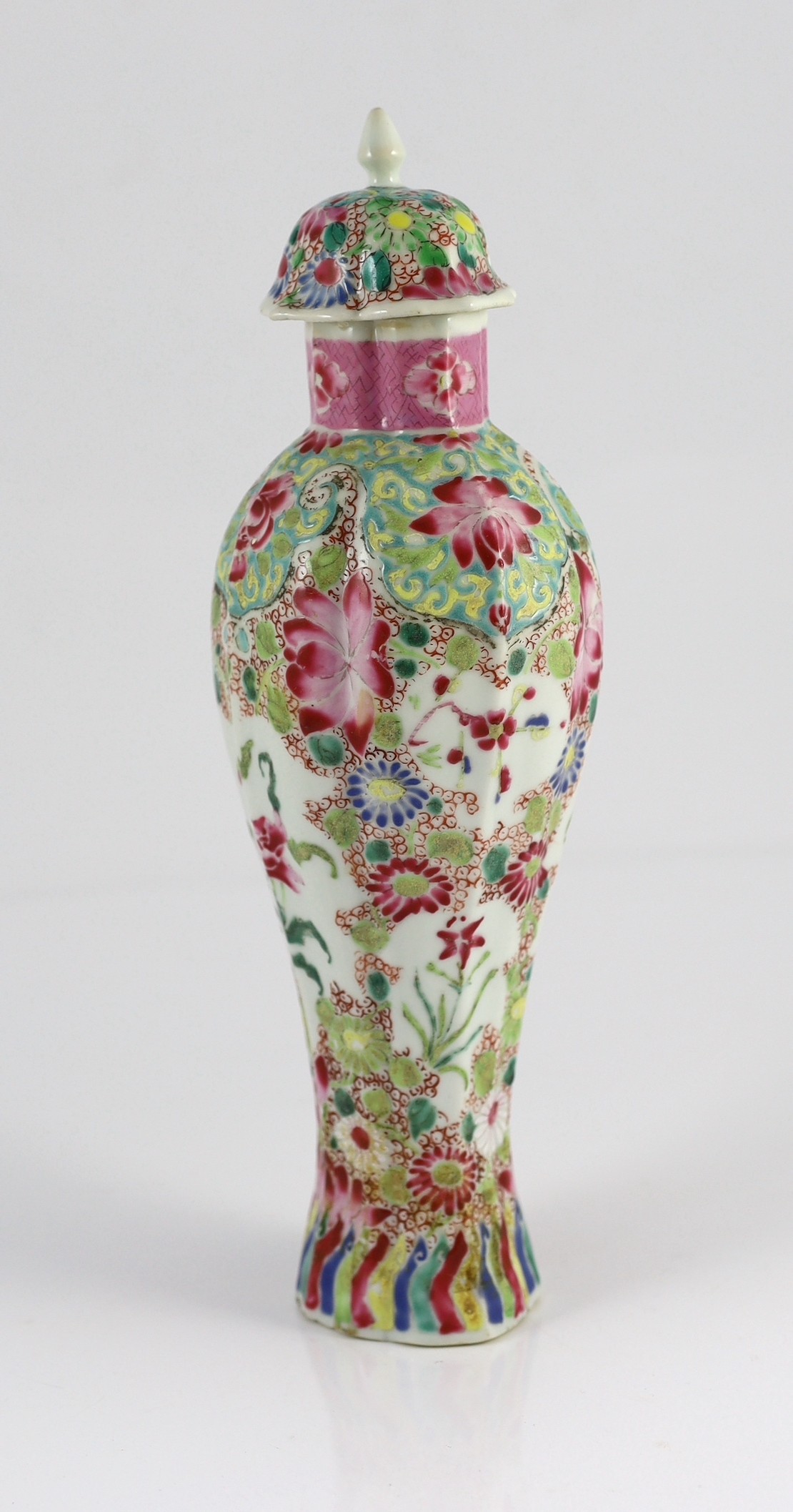 A Chinese famille rose moulded baluster vase, Qianlong period, 30.5cm high, restoration to neck and cover